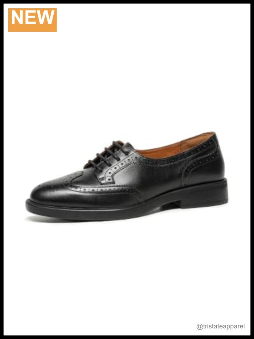 Leather Oxford Shoes Brogue Wingtip Pointed Toe Block Heel Lace-Up